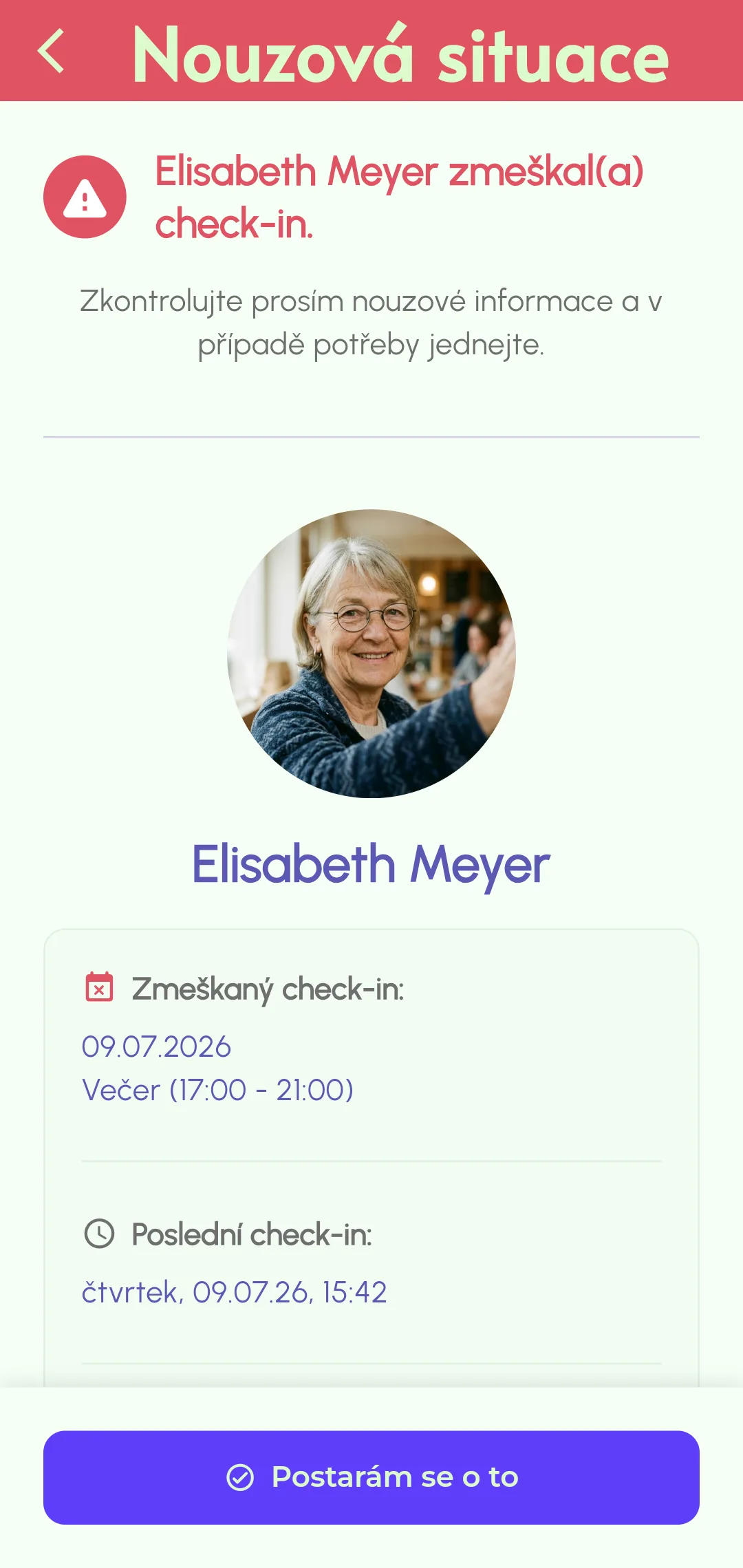 Upozornění na zmeškaný check-in odeslané nouzovým kontaktům