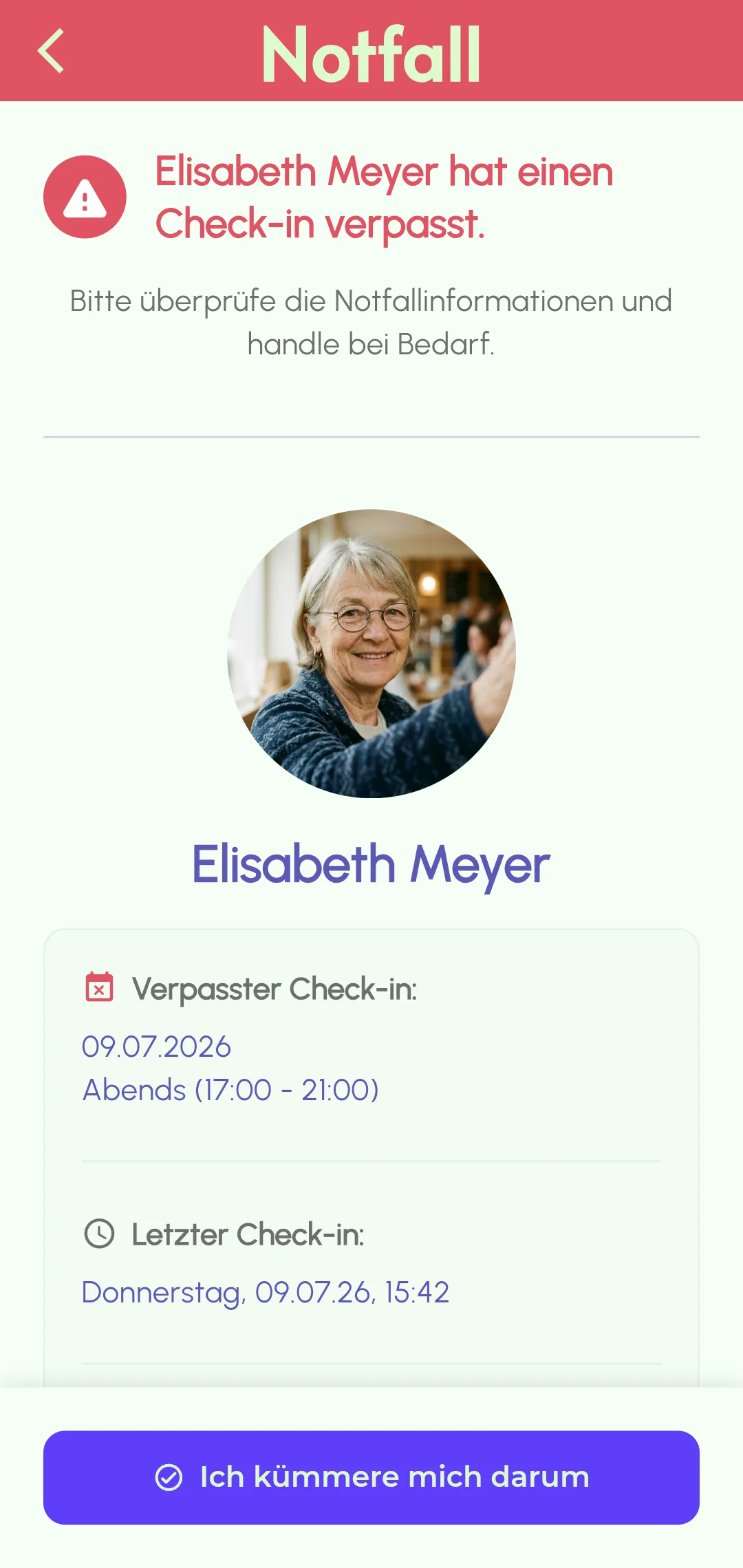 Benachrichtigung über verpassten Check-in an Notfallkontakte gesendet