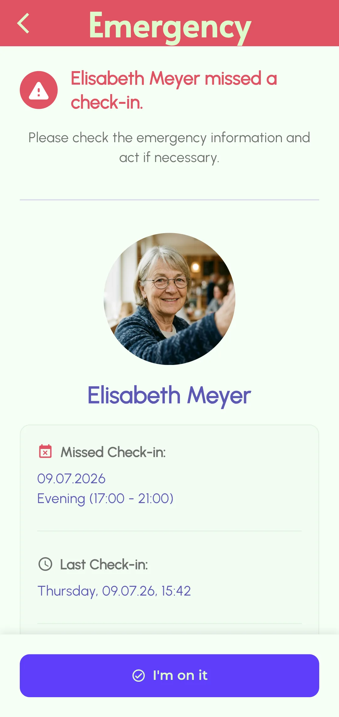 Missed check-in alert notification sent to emergency contacts