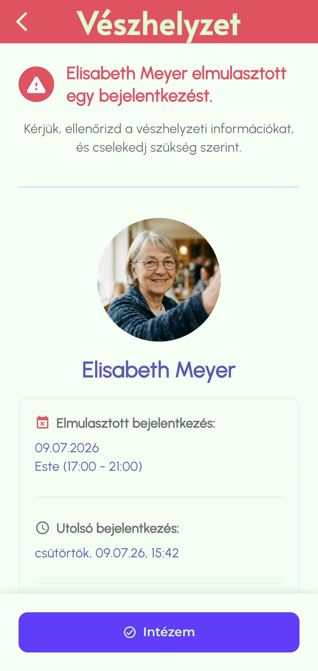 Elmulasztott bejelentkezési értesítés elküldve a sürgősségi kapcsolatoknak