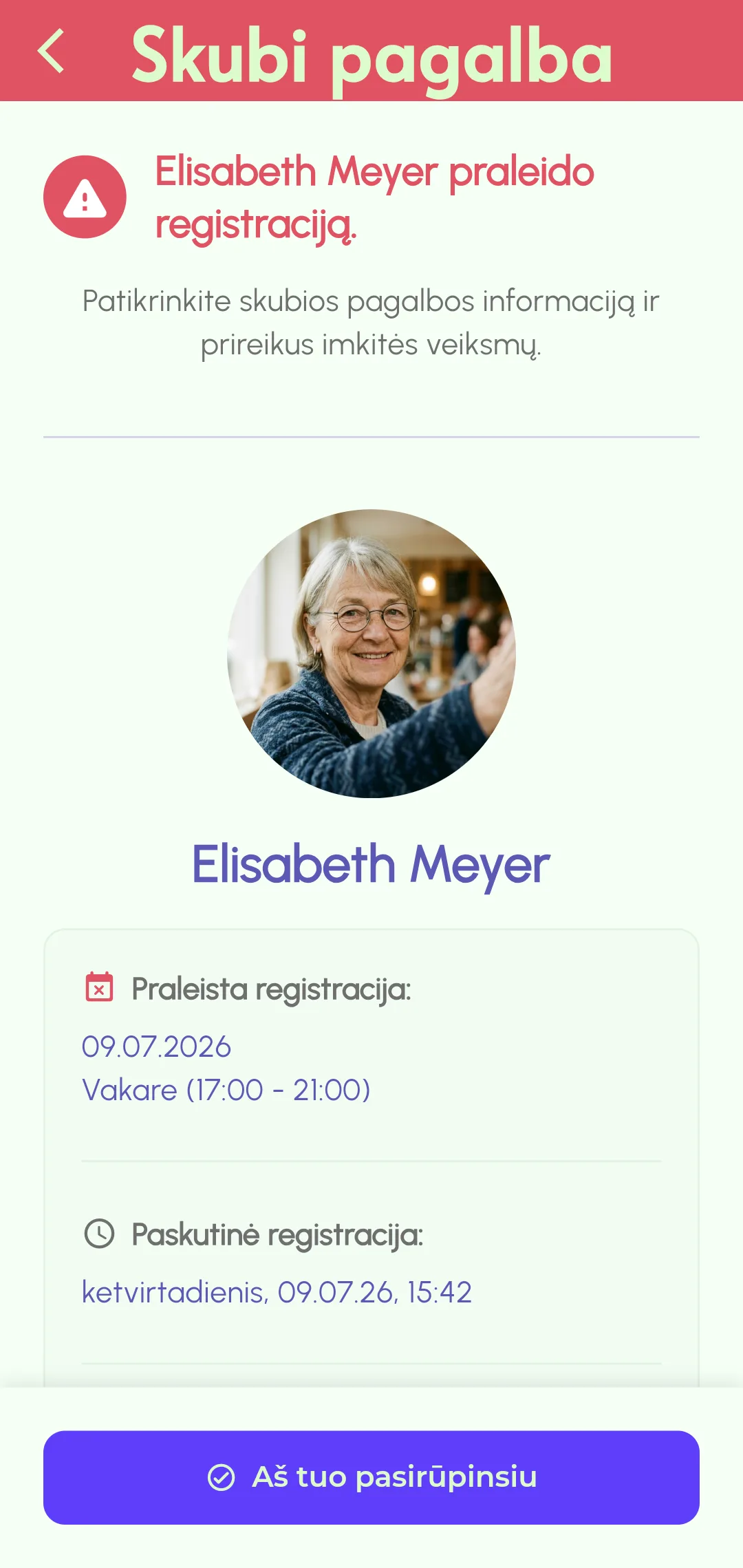 Pranešimas apie praleistą prisijungimą išsiųstas avarinės pagalbos kontaktams