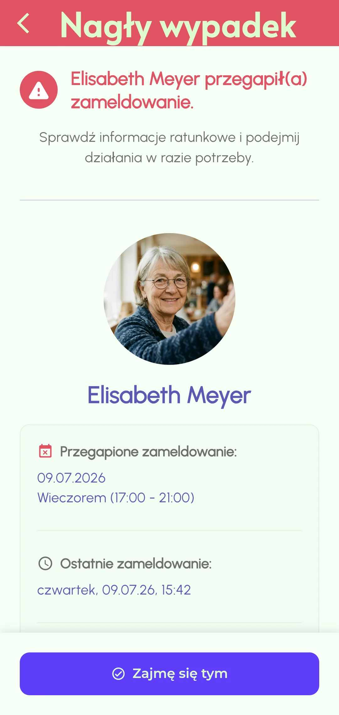 Powiadomienie o nieudanym zameldowaniu wysłane do kontaktów alarmowych