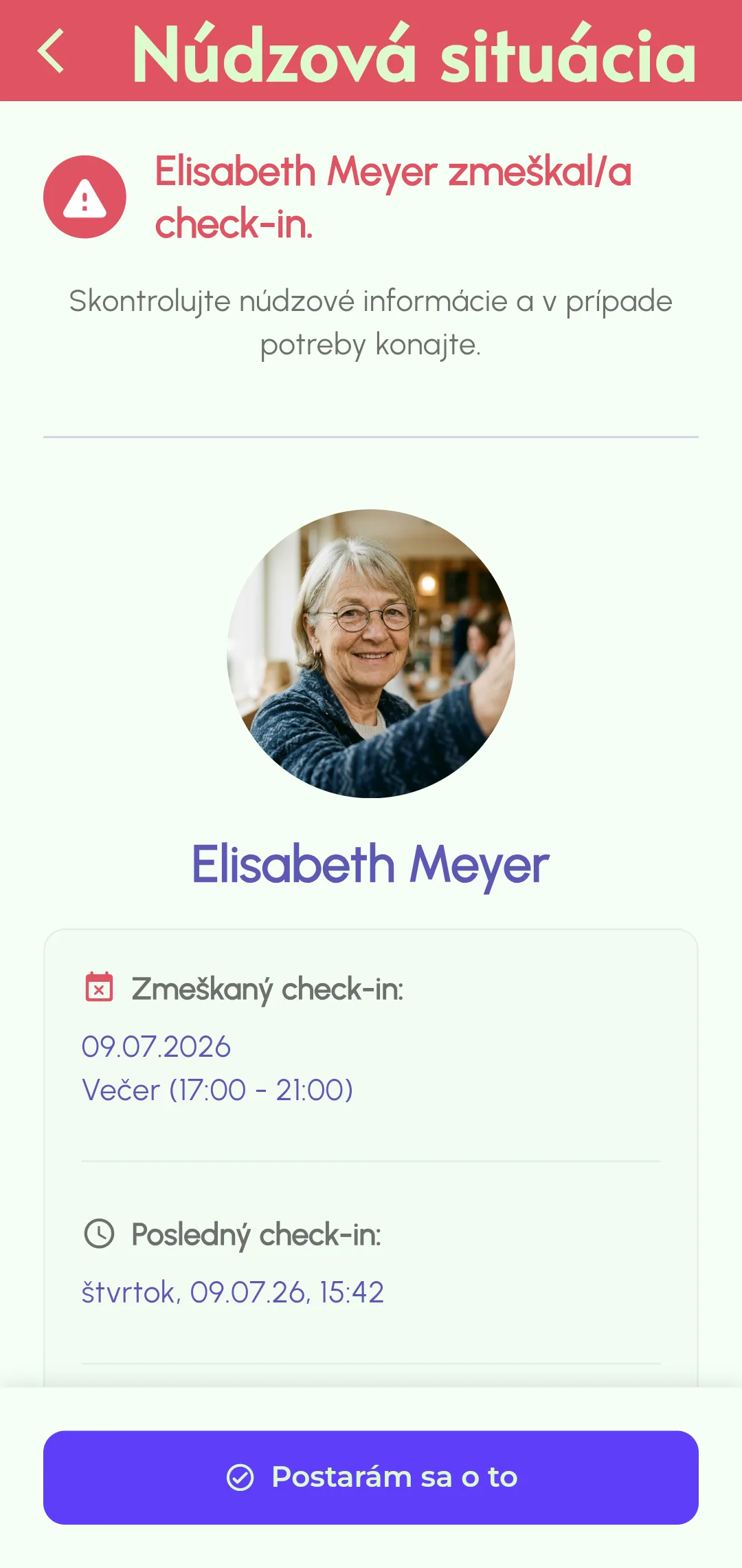 Upozornenie na zmeškaný check-in odoslané núdzovým kontaktom