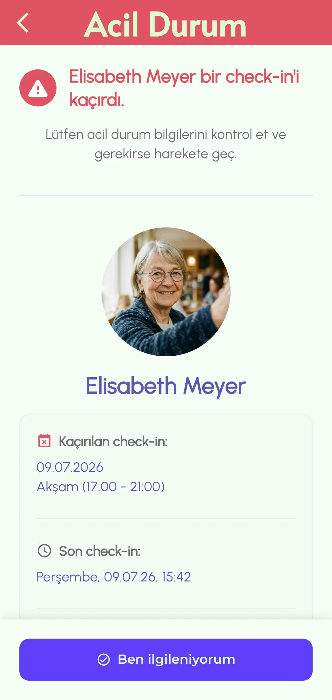 Kaçırılan check-in uyarı bildirimi acil kişilere gönderildi