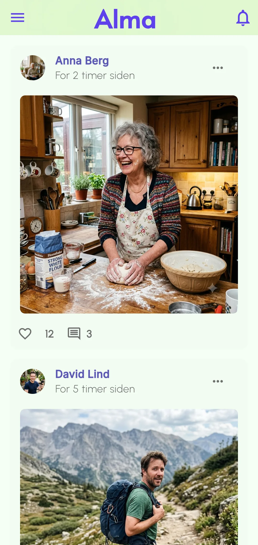 Alma Moments feed med daglige opdateringer fra forbindelser